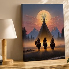 Native American Warrior Horses Canvas Wall Art Sunset Teepee Mountain Print