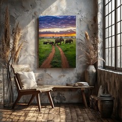 Wall Art Serene Landscape At Sunset Featuring A Family Of Elephants Walking