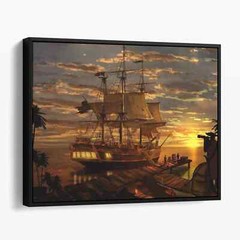 Pirate Ship Setting Sail Into The Sunset Ocean Ships Canvas Print Wall Art