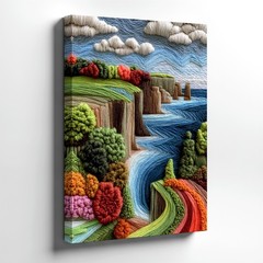 Wall Art Embroidered Coastal Cliff Landscape Textile Fiber Seascape Home Decor