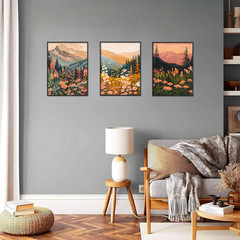 Boho Colorful Watercolor Mountain Posters Wall Art Set of 3 Wildflower Canvas Wa