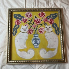 SAPNA SHAH Blue & White Chinoiserie Pink Flower Filled Vase White Cat Framed