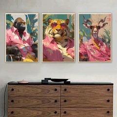 3pcs Pink Hawien T shirt Animals Wall Art Poster Prints, Boho Wall Decor