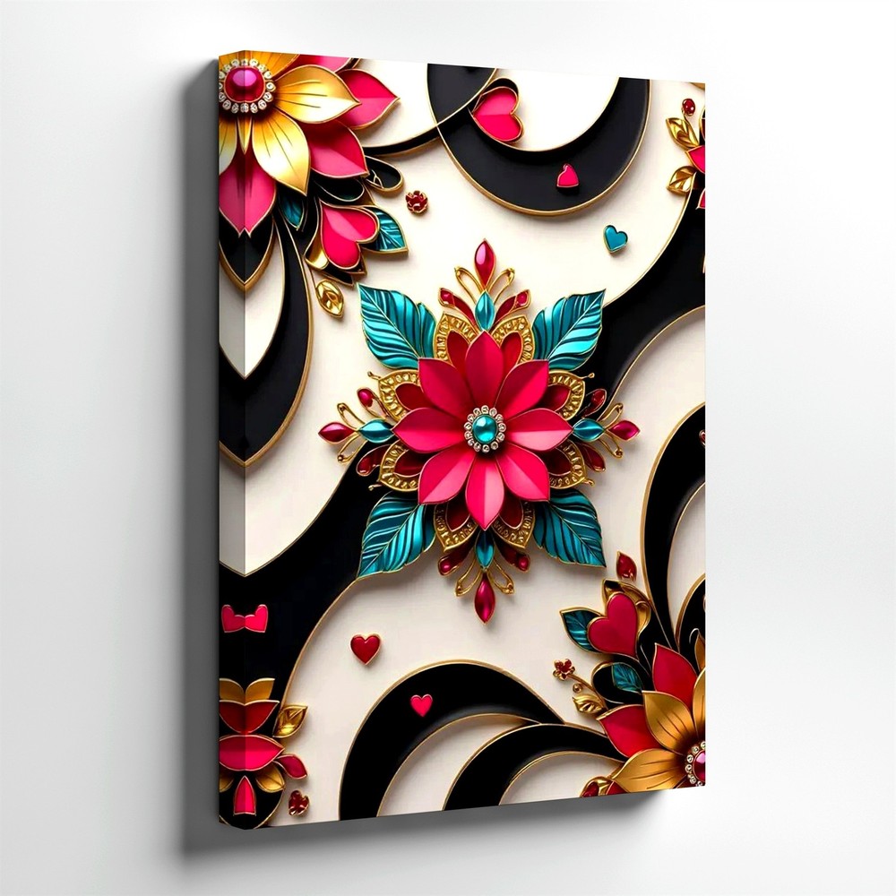 Wall Art Abstract Floral Heart Design Black Gold Pink Teal 3D Canvas Print Decor