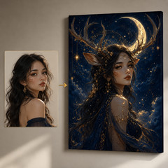 Celestial Deer Girl Canvas Wall Art Moon Goddess Fantasy Portrait Navy Gold Wall