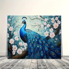 Canvas Art Framed Blue Peony Peacock Cherry Blossom Oil Painting Wall Decor