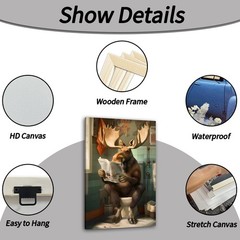 Bathroom Moose Canvas Wall Art Funny Moose on Paintings Animals Reading Newsp…