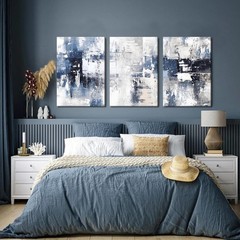 Abstract Blue and White Wall Art Set of 3, Modern Simple Navy Framed Canvas P…