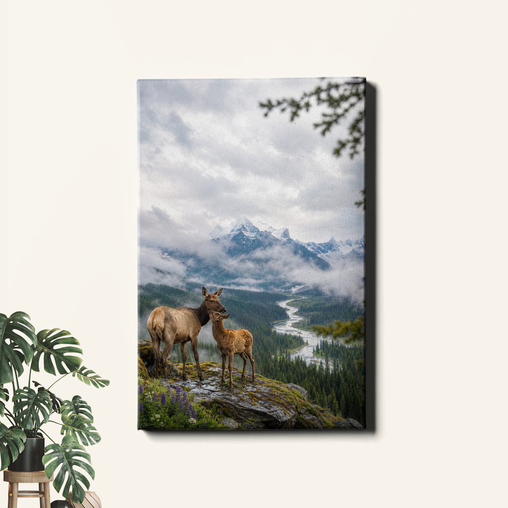 Mother elk and calf in mountain landscape Canvas Print serene wildlife scene