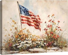 4th of July American Flag Wildflower Canvas Wall Art 8x12in, Framed Patriotic…