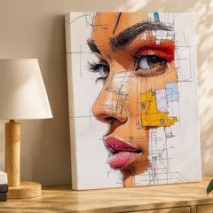 Abstract Modern Female Portrait Canvas Art With Geometric Shapes And Sketch