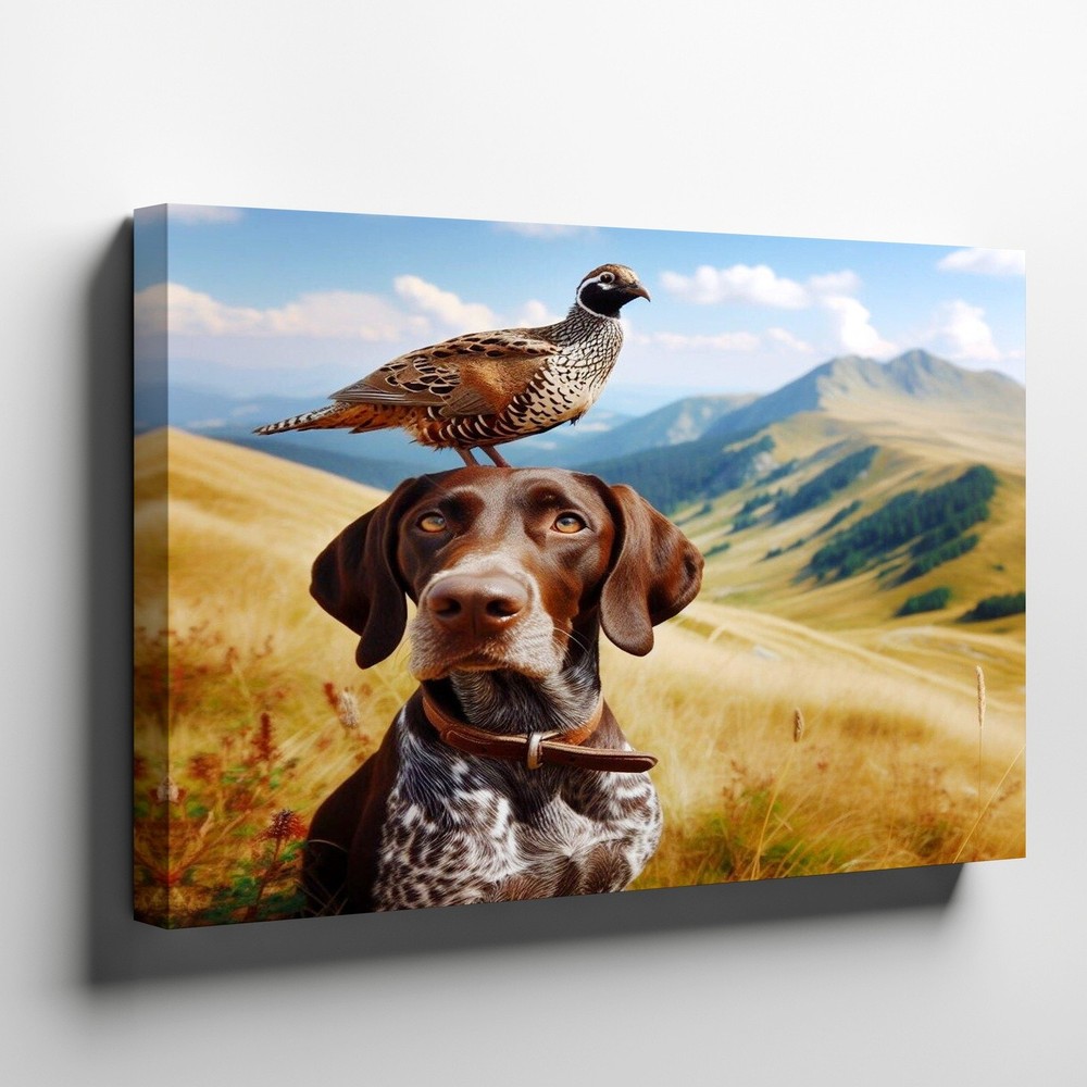 Dog with bird on head wildlife nature canvas wall art mountain landscape decor