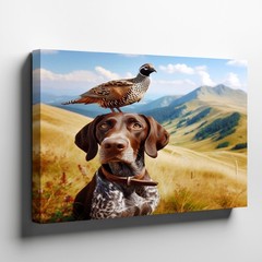 Dog with bird on head wildlife nature canvas wall art mountain landscape decor