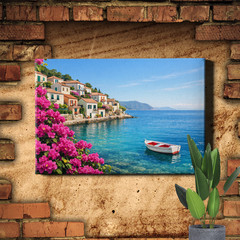 Mediterranean Coastal Village Wall Art Seascape Pink Flowers Foreground Vibrant