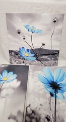 3-Piece Blue Flower Canvas Print Set, Black/White Background, Ready to Hang