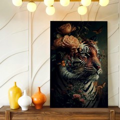 Wall Art Tiger Portrait with Flowers Butterflies Dark Botanical Wildlife Print