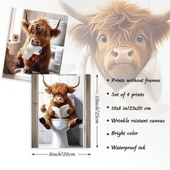 4Pcs Funny Highland Cow Wall Art Pictures, Rustic Cow Canvas Prints for Bathr…