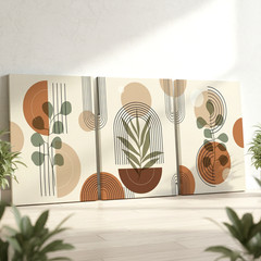 3 Pieces Abstract Botanical Earth Tones Geometric Shapes Large Wall Art Decor