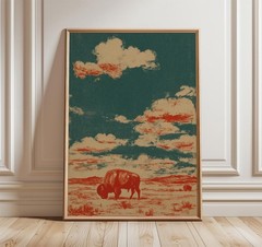 Vintage Bison Wall Art – Retro Western Desert Landscape Poster & Rustic Decor
