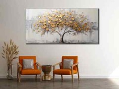 Golden Tree Oil Painting Stunning Grey Wall Art Canvas Unframed Print Art