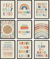Baby Alphabet 1 2 3 Wall Art Set of 9, Number Rainbow Canvas Posters Prints, Kid