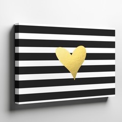 Gold Heart Canvas Wall Art with Black White Stripes Modern Minimalist Decor