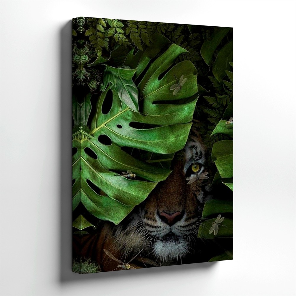 Canvas Tiger in Tropical Jungle Leaves Botanical Wildlife Living Room Print