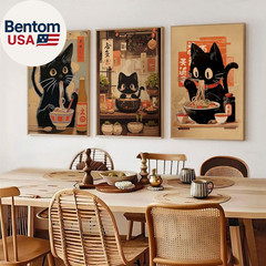 3Pcs Japanese Black Cat Canvas Wall Art Vintage Cat Eating Ramen Posters Prints