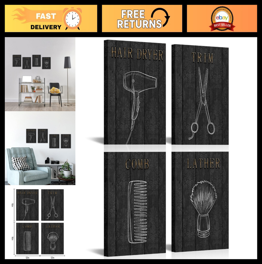 Framed Canvas Wall Art for Beauty Salon & Barber Shop Decor – 4 Pieces, 12×16