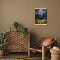 Boho Floral Moonlit Forest Mountain Wall Art Poster, Mountain Wall Decor, Waterc