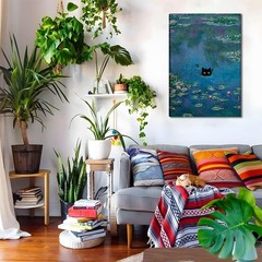 Monet Wall Art Set of 3 – Funny Cat in Water Lilies Canvas Paintings Prints, Gar