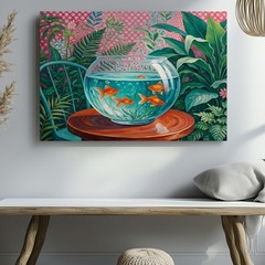 Goldfish in Glass Bowl Tabletop Tropical Plants Canvas Wall Art Print Decor