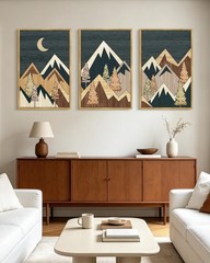Morden Mountains Framed Wall Art Boho Pine Tree Forest Nature Landscape Artwo…