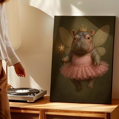 Wall Art Cute Fairy Hippo Princess Print Pink Tutu Crown Whimsical Animal Decor