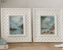 VTG Set of 2 Homco Seashore Seagull Pictures White Lattice Framed 9″x8″ Coastal