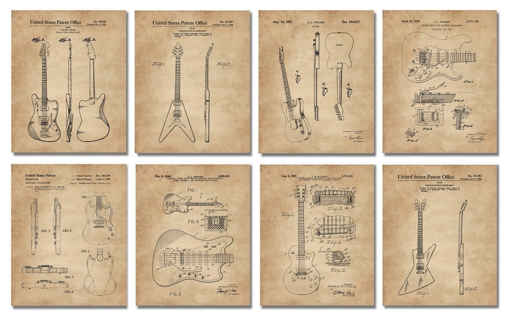 Unique Guitar Lovers Gifts Men Women 8 UNFRAMED Diagram Patent Art Prints (8×10)