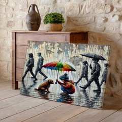 Child with Colorful Umbrella Protecting Dog in Rainy Urban Street Canvas Art