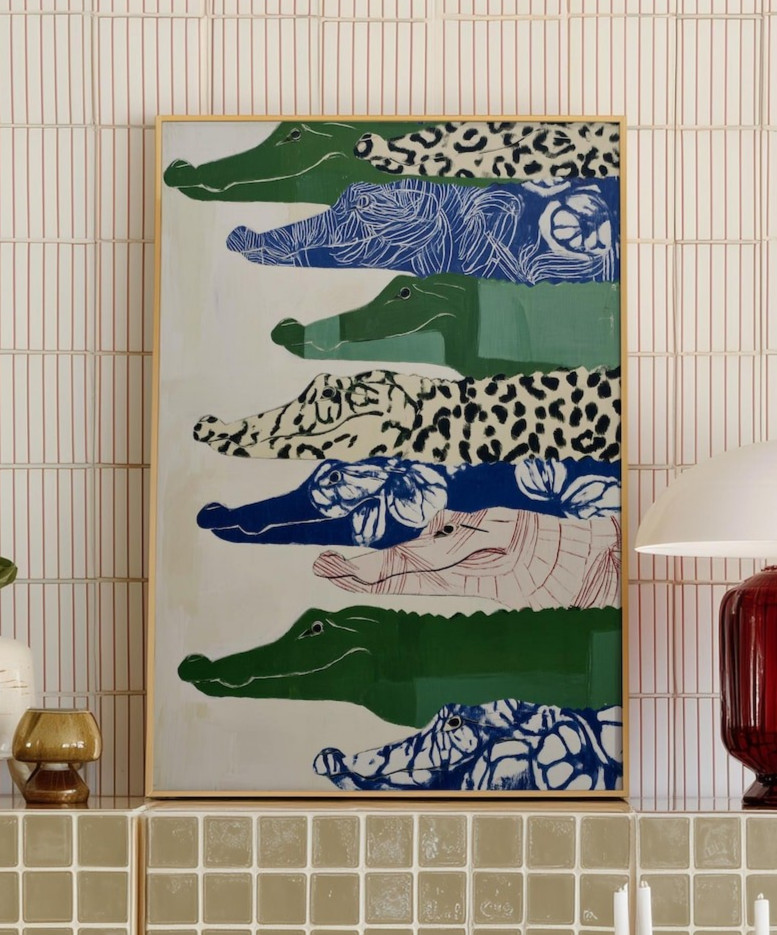 Japandi Alligator Wall Art Print Green Blue Animal Poster Modern Nature Decor