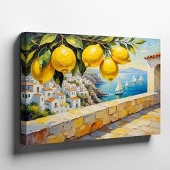 Lemon Tree Coastal Landscape Canvas Wall Art Mediterranean Sea Sailboats Decor