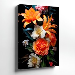 Wall Art Floral Bouquet Print Orange Lily Rose White Blossom Black Background