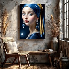 Wall Art Pearl Earring Girl Portrait Blue Gold Headscarf Canvas Print Decor