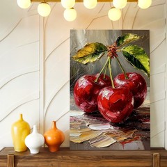 Wall Art Red Cherries Still Life Oil Painting Glossy Fruit Canvas Print Decor