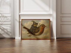 Frog Wizard Riding Bird Poster Cute Cottagecore Wall Art Whimsical Nursery Decor