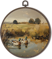 Vintage Mallard Duck Nursery round Framed Wall Art Decor, Rustic Cottagecore Duc