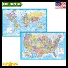 2 Pack – Laminated World Map & US Map Poster Set – Wall Chart Map of the World