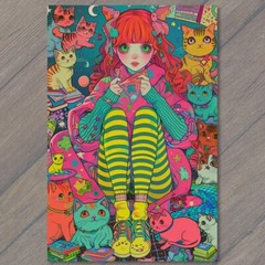 Art Print Girl Bedroom Cats Pink Red Young Animated Cute Kitty Young Crazy Lady
