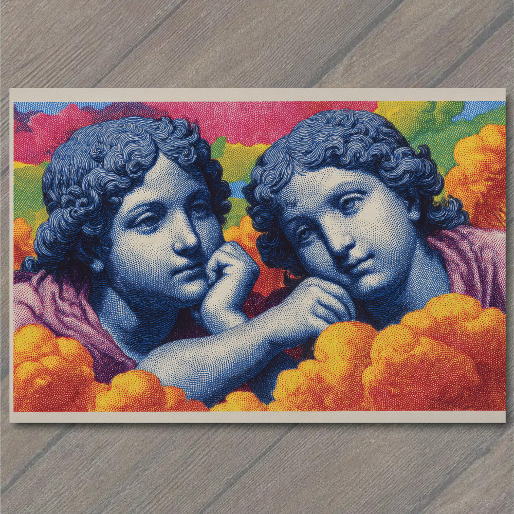 Art Print Classical Blue Figures Twin Portrait Color Clouds