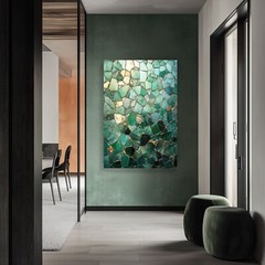 Emerald Green Mosaic Abstract Painting Print on Framed Canvas Wall Art Geometric