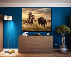 The Buffalo Hunt Native American Indian Chief Stretched Canvas Wall Art