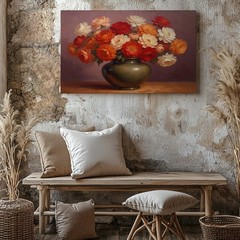 Colorful Vintage Floral Canvas Wall Art Vase with Red Orange White Flowers Print